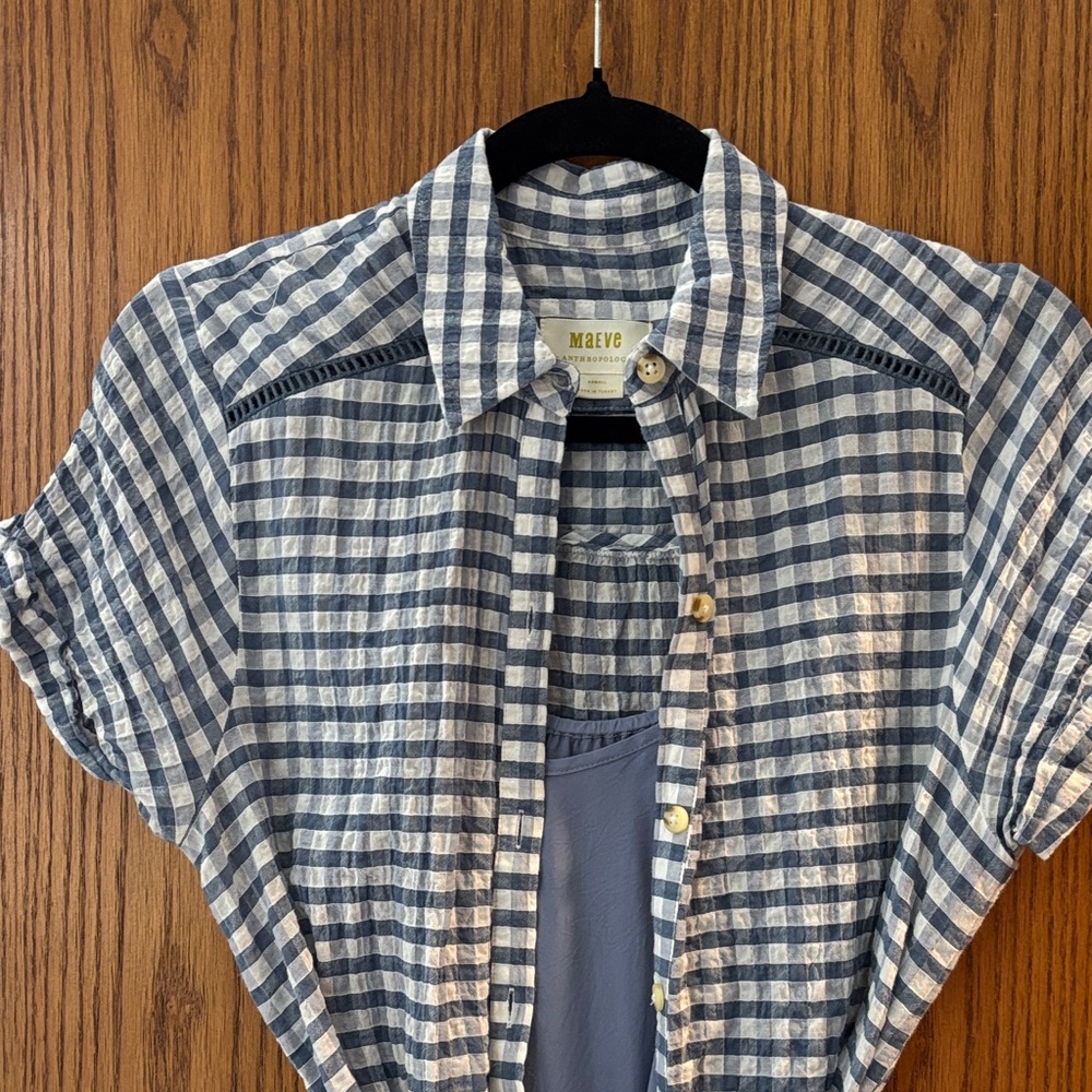 Maeve Anthropologie Blue and White Gingham Short-Sleeve Button-Down dress
